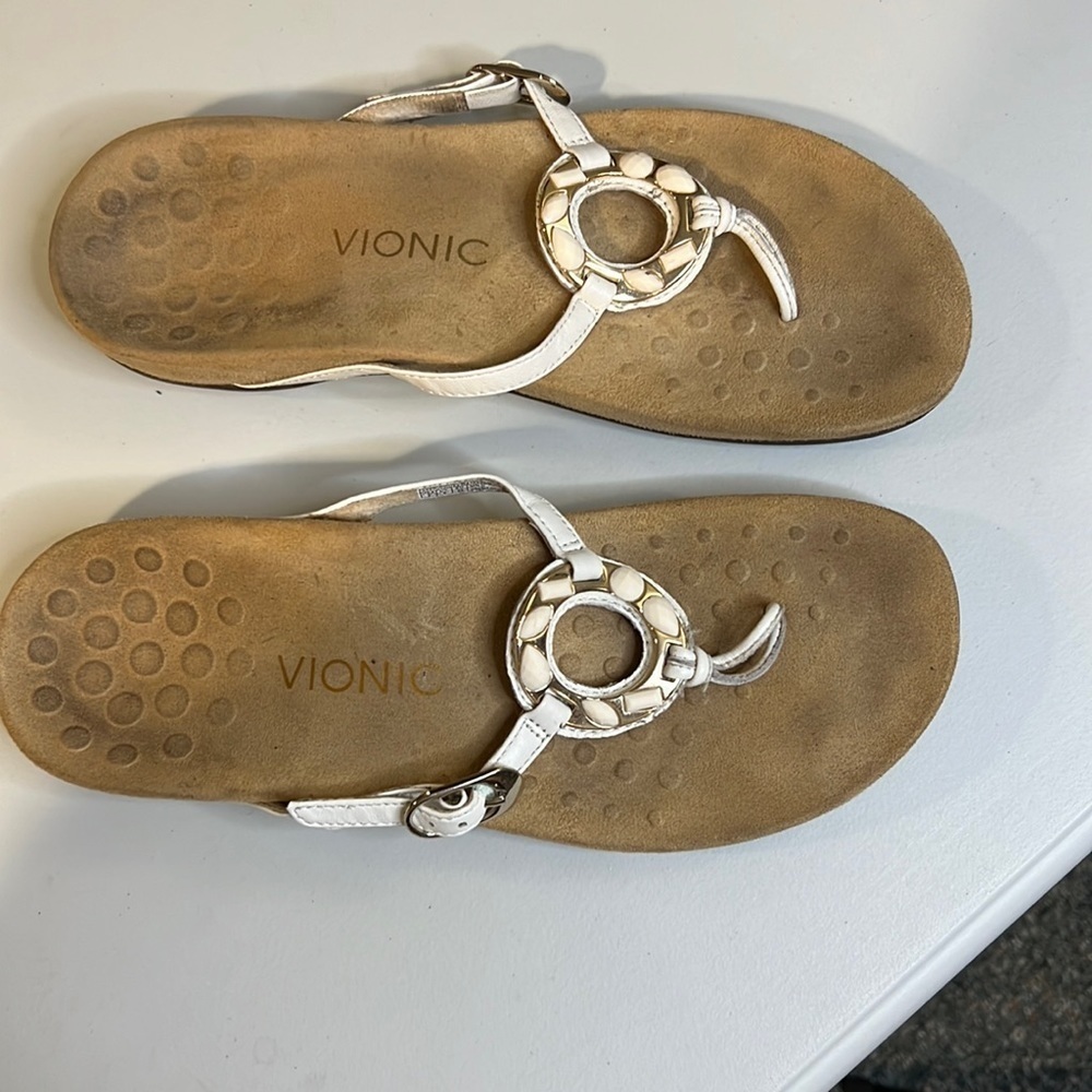 VIONIC White Embellished Slide Sandals Size 8 Adjustable Strap